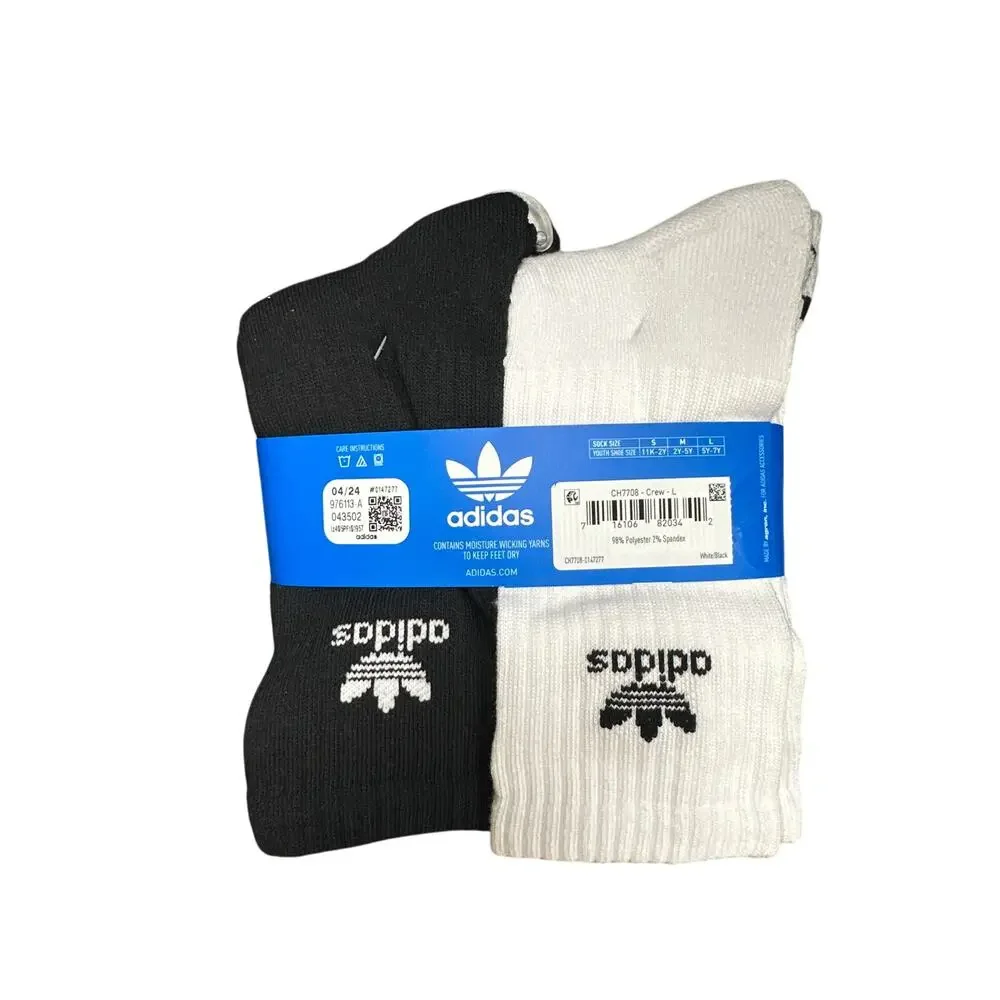 Adidas Originals Youth Crew Socks 6 Pack Black & White Size Large 5Y-7Y New
